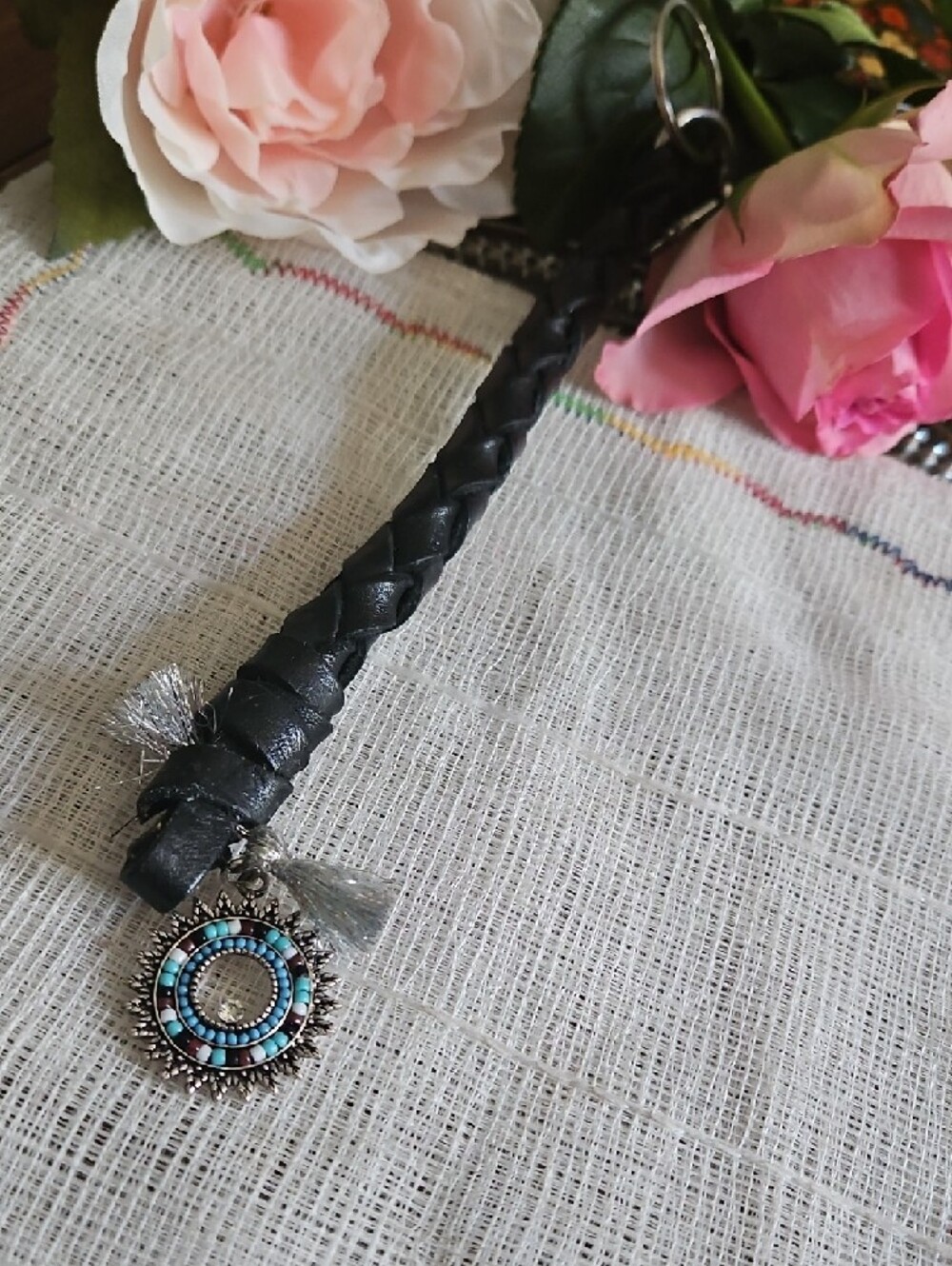 Hand Crafted Braided Genuine Black Leather KeychainTurquoise Sun Gifted - Picture 8 of 11